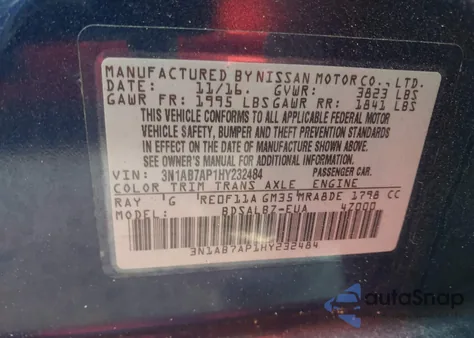 2017 Nissan Sentra S z USA, uszkodzony, nr VIN 3N1AB7AP1HY232484